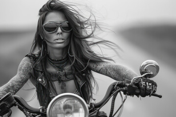 Woman biker wearing glass with tattoos muscled arms and legs, long hair in the wind, high heel boots, top, a leather jacket, a motorcycle
