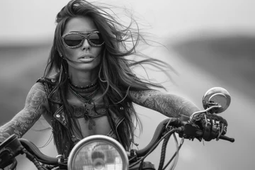 Poster Motorrad Woman biker wearing glass with tattoos muscled arms and legs, long hair in the wind, high heel boots, top, a leather jacket, a motorcycle