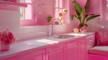 Modern kitchen interior with pink cabinetry and white countertop featuring a stainless steel sink