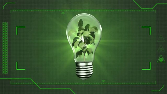 Animation of green scanner scope over growing plant powering light bulb, on green background