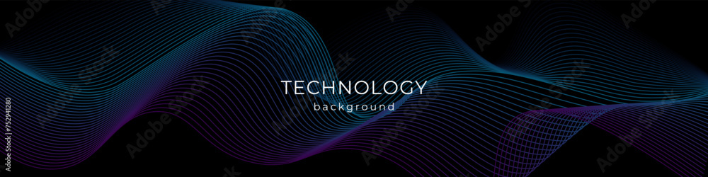 Poster Vector wavy lines smooth curve flowing dynamic violet blue gradient light. Abstract lines. Sound waves on black background for your design. Vector EPS 10