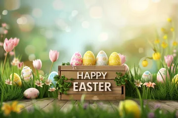 Foto op Aluminium Colorful Easter Egg Basket aesthetic. Happy easter Easter tradition bunny. 3d illustration process hare rabbit illustration. Cute Easter surprise festive card Easter holiday copy space wallpaper © Leo