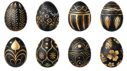 Set of decorated luxurious black Easter eggs with elegant golden patterns, isolated on a white background. Used for Easter decoration themes, festive backgrounds, invitation designs.