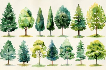 Fototapeta premium Watercolor painted various tree collection. An array of watercolor trees showcasing different species and styles, perfect for design or educational purposes, capturing the essence of flora