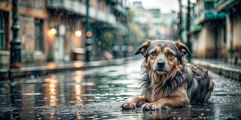 A dog is lying on a sidewalk in the rain.