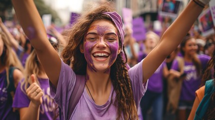 Vibrant young woman with face paint smiles brightly at a feminist demonstration - obrazy, fototapety, plakaty