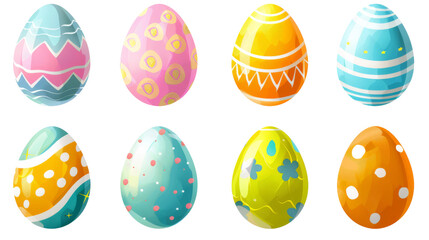 Colorful Easter eggs with various patterns on a white background, representing spring and festive joy.