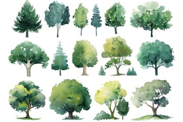 Watercolor painted various tree collection. An array of watercolor trees showcasing different species and styles, perfect for design or educational purposes, capturing the essence of flora - obrazy, fototapety, plakaty