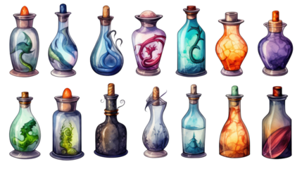 A collection of vibrant, cartoon-styled potion bottles in various colors and bubbling contents, Game design assets, transparent background