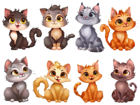Collection of playful cartoon kittens in various colors and poses, perfect for pet illustrations, children's content, or animated projects.