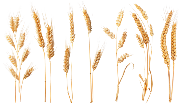 A diverse collection of wheat ears isolated on white, showcasing various stages of maturity and forms, perfect for agricultural and botanical themes