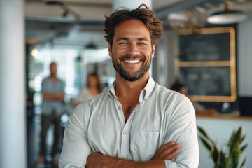 Fototapeta premium A well-dressed man smiles confidently in a modern office setting, reflecting leadership and positivity