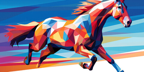 Abstract Geometric Horse Art: Colorful Silhouette on Blue Background