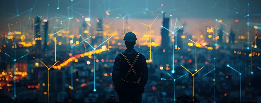An engineer inspecting renewable energy setup with modern city skyline and vehicles. Concept Renewable Energy Inspection, Modern City Skyline, Engineer On Site, Green Transportation