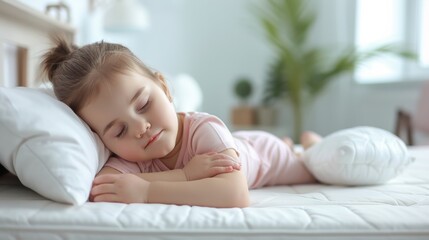 Fototapeta premium Peaceful child sleeping, cozy bedroom, serene, soft light, naptime, innocence, comfortable, tranquil, home, well-being.