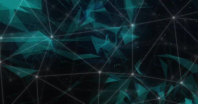 Animation of white network connections over 3d blue network structures on black background