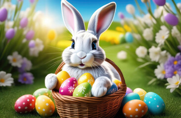 Fototapeta na wymiar Cute Easter bunny with colorful easter eggs in basket on green grass with flowers background