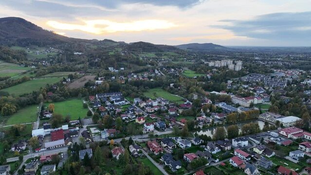 Scenery of the town and health resort in Ustron on the hills of the Silesian Beskids, Poland. Aerial drone view of beskid mountains in Ustron. Ustron Aerial View.