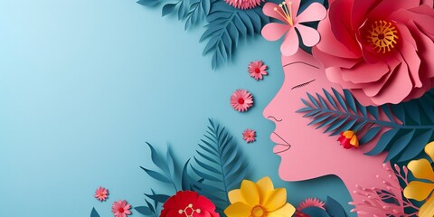 a paper cut out of a woman's face with flowers - obrazy, fototapety, plakaty