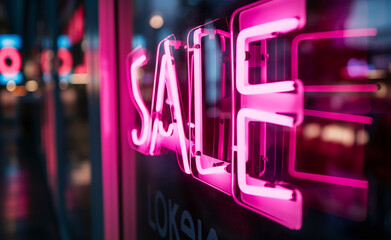 Pink Neon Sale Glow: Captivating Retail Promotion in Blurred Store Window.	
