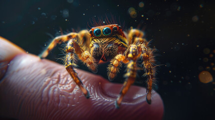 Close up of a jumping spider on a persons finger; ideal for science articles, educational materials, or insectrelated projects.