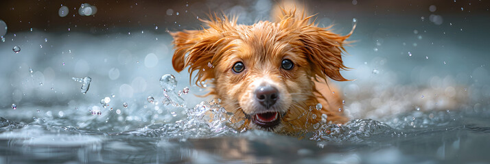 Golden retriever running in water,
Underwater view of a playful dog