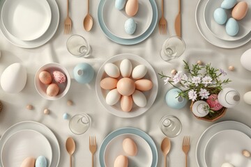 Colorful Easter Egg Basket springtime blessing. Happy easter Pruning shears bunny. 3d Whiskers hare rabbit illustration. Cute bubbly festive card visiting friend and family copy space wallpaper