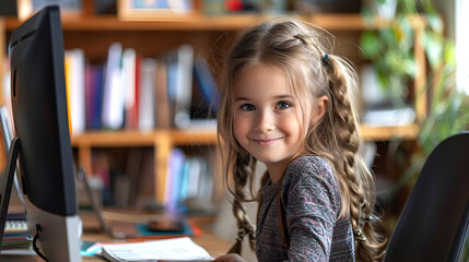 A smiling child at the computer is looking forward to classes