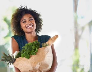 Smile, paper bag and portrait of woman with groceries for dinner, lunch or supper at home. Happy,...