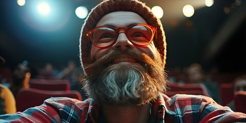 A joyful hipster revels in a comedy flick at a D movie theater. Concept Hipster Culture, Comedy Films, Vintage Theaters, Indie Cinema, Joyful Reactions