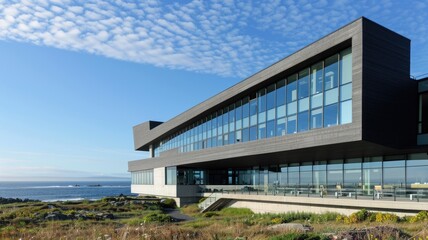 Obraz premium oceanographic research institute by the sea, with state-of-the-art facilities for marine biology studies