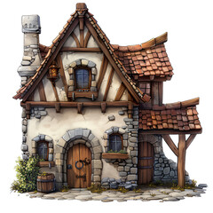 Digital illustration of an enchanting medieval timbered brewery house. Fantasy house concept for RPG world-building, board game design, and thematic digital backgrounds. Transparent background PNG
