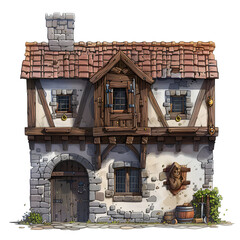 Illustration of a medieval house with timber framing and stone base. For RPG environments, fantasy storytelling visuals, and interactive game. Isolated on transparent background PNG