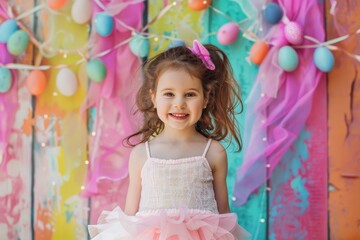 A Cheerful Young Girl in a Pink Tutu Celebrates Easter with a Festive Egg Bunting Background