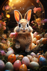 Fototapeta na wymiar Easter greeting card design with cute bunny surrounded by colorful Easter eggs.