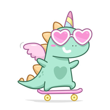 Funny Dinosaur Unicorn ride on skate board. Caroon  Dinosaur kid or Unicorn with wings and skate board. Funny Baby Dinocorn for kids apparel print design and stickers. (Doodle vector)