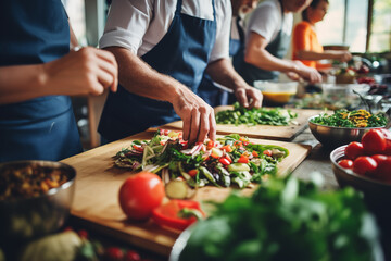 a group of students, adult men and women, in a healthy cooking course, cooking food with vegetables and having a pleasant and fun time