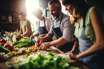 a group of students, adult men and women, in a healthy cooking course, cooking food with vegetables and having a pleasant and fun time - obrazy, fototapety, plakaty