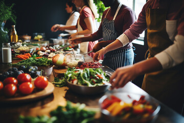 a group of students, adult men and women, in a healthy cooking course, cooking food with vegetables and having a pleasant and fun time - 752946630