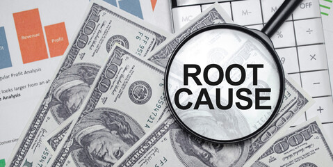 Magnifying glass over 'ROOT CAUSE' text with financial papers and currency. Financial scrutiny and...