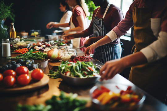 a group of students, adult men and women, in a healthy cooking course, cooking food with vegetables and having a pleasant and fun time