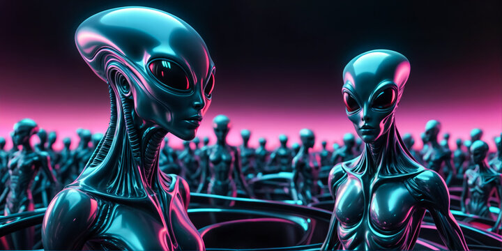 Two aliens with big eyes and large heads are in front of a crowd of aliens on a blurry pink and purple background.