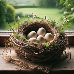 A bird's nest with eggs inside, set against a lush countryside backdrop.