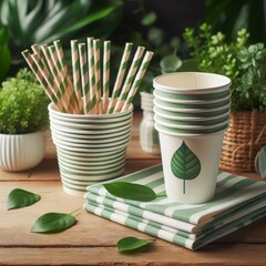 Striped paper cups and straws arranged on a wooden table. Eco-Friendly Tableware
