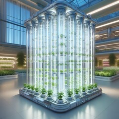 High-tech hydroponic plant columns in an indoor urban farm setting with lush greenery