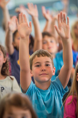 Fototapeta premium children at school raise their hands to answer