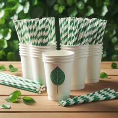 Striped paper cups and straws arranged on a wooden table. Eco-Friendly Tableware Ensemble