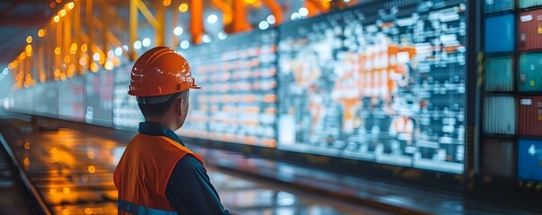 A logistics analyst reviews data for supply chain optimization and risk reduction. Concept Logistics Analysis, Supply Chain Optimization, Risk Reduction, Data Review, Optimizing Operations