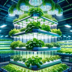 Stacked hydroponic shelves with diverse herbs and leafy greens, bathed in artificial lighting, Green technology