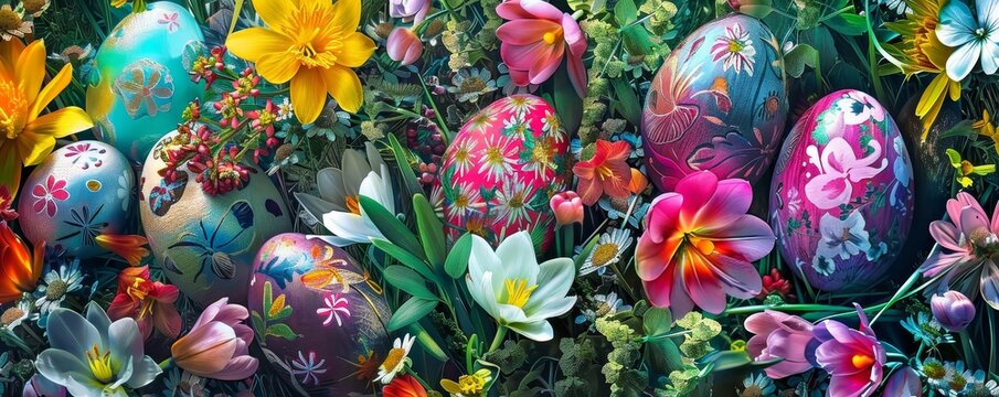 Nature's Palette: Colorful Easter Eggs Nestled Amongst the First Blooms of Spring